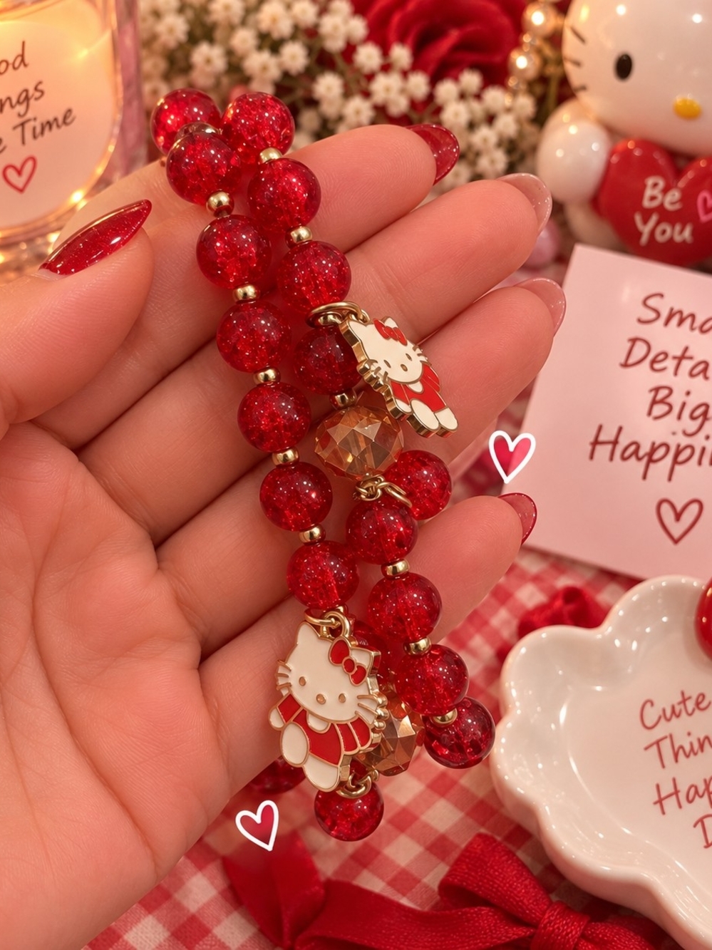 Hello Kitty Red Glitter Beaded Bracelet with Gold Accents